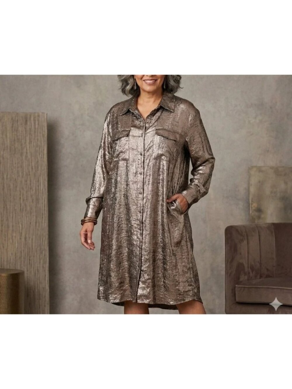 AVA & VIV Women's Bronze Shimmering Metallic Button Up Midi Shirt Dress Size 2X